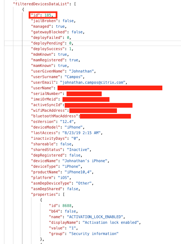 Sample response given after user gets a device's last location