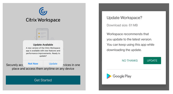 Screenshot of in-app update prompt based on the availability of the latest version of Citrix Workspace app