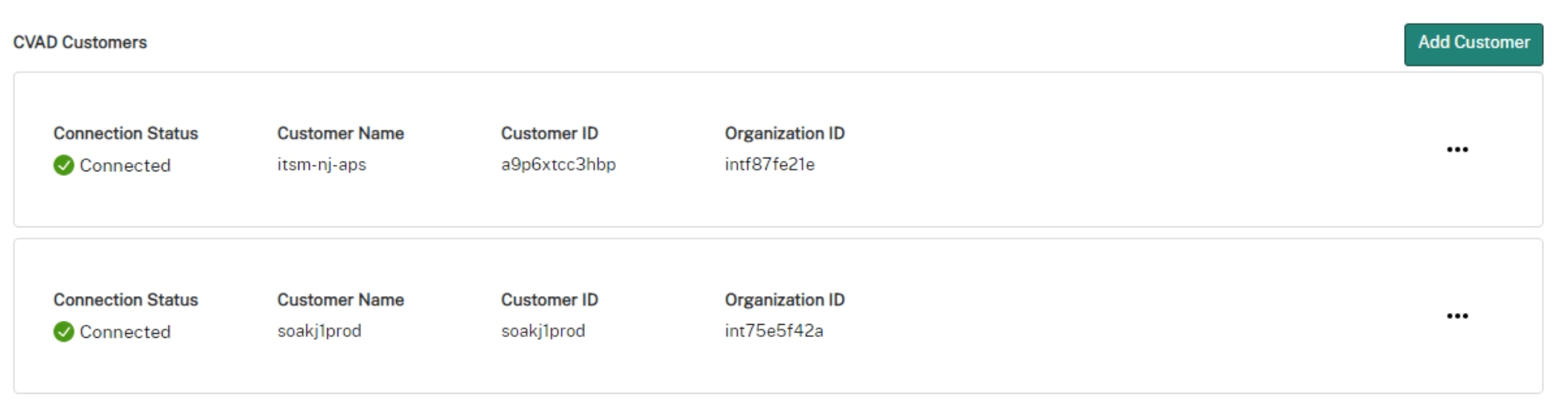 Screenshot of Citrix ITSM Adapter for ServiceNow service where Customers can manage multiple Citrix Cloud accounts