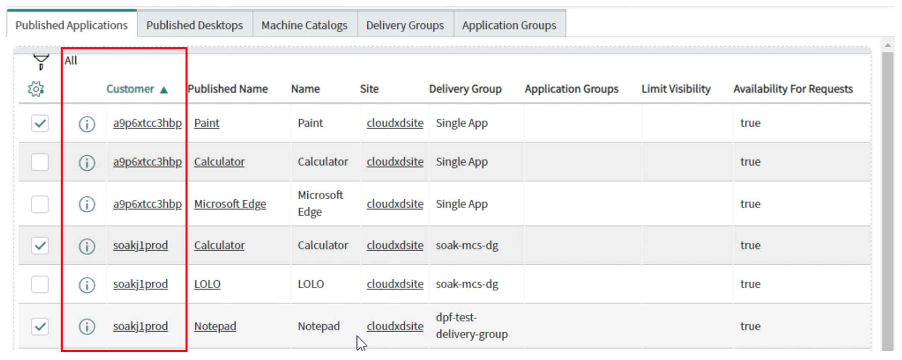 Screenshot of the user interface of published applications from your various Customer IDs from a single ServiceNow instance.