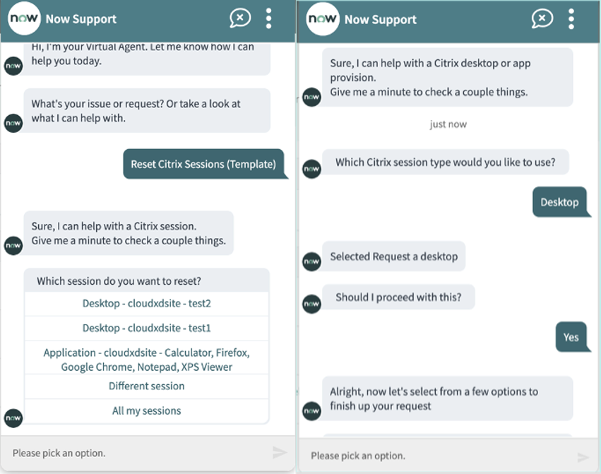 Screenshot of Now Support where end-users can request the reset of their Citrix sessions and provisioning of desktops/applications through ServiceNow.