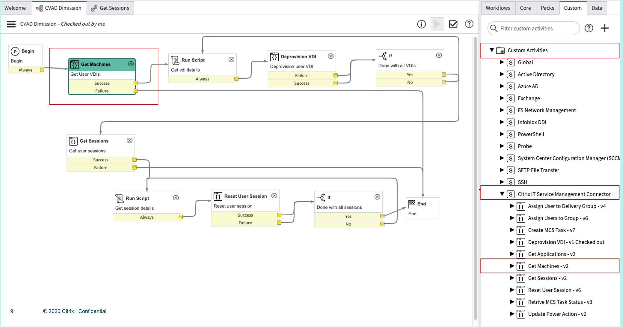 Screenshot of ServiceNow Workflow Editor where developers can access Citrix ITSM Custom Activities from their ServiceNow Workflow Editor to create customized workflows.