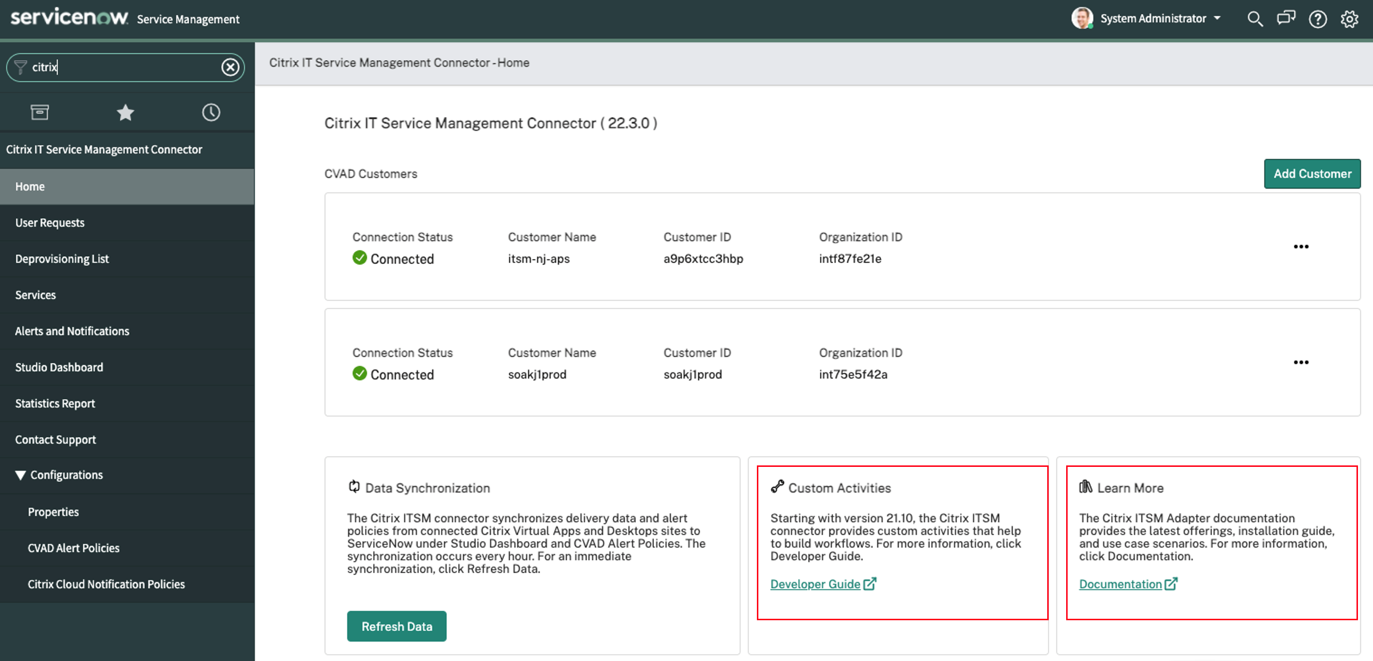 Screenshot of the Citrix ITSM connector plug-in installed in ServiceNow