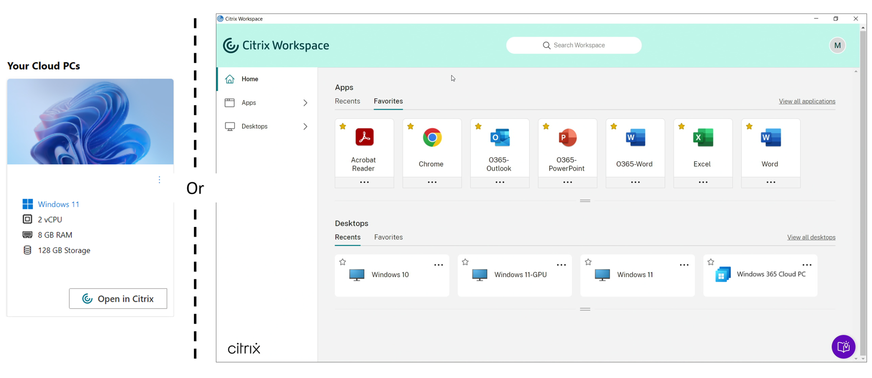 Screenshot of a user's Cloud PC and Citrix apps and desktops through Intune, windows365.microsoft.com, or through the Citrix Workspace app