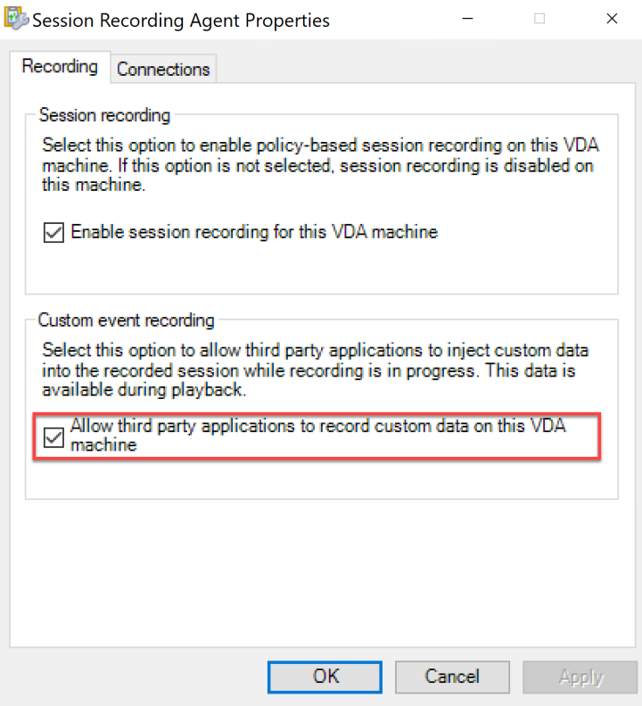 Screenshot of Session Recording Agent Properties 