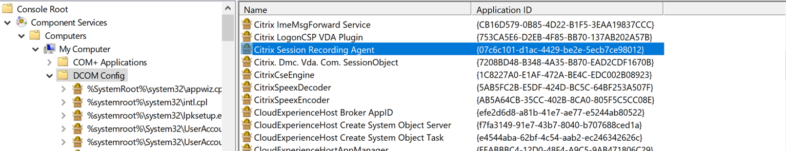 Screenshot of Windows DCOM configuration tool on the Session Recording agent