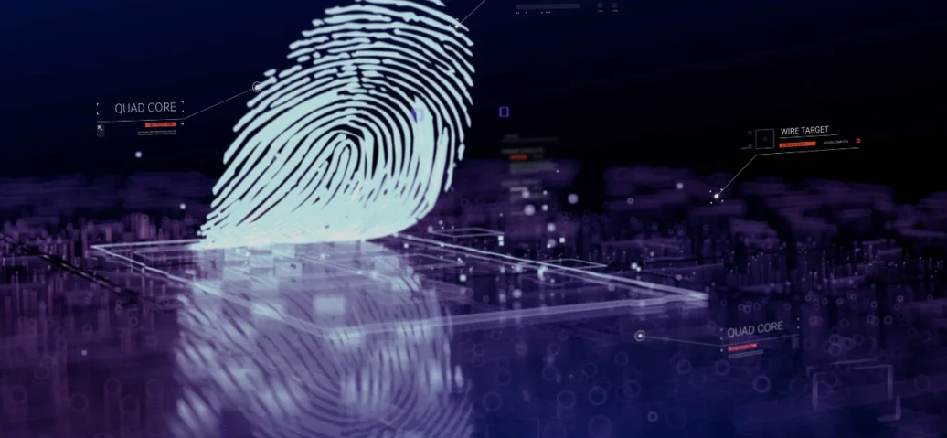 Cybersecurity-themed image featuring a fingerprint overlay on a futuristic city, illustrating advanced fingerprint technology concepts.