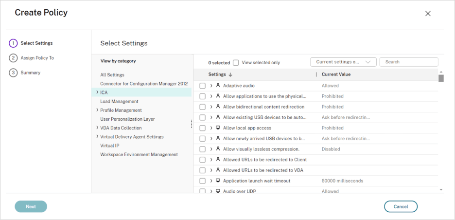 Citrix Web Studio Security Policy Configuration Console dashboard