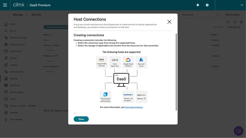 Citrix Web Studio UI with hosting connections graphic that shows the cloud platform hosting options screenshot