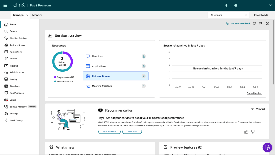 Citrix DaaS Web Studio Homepage Dashboard