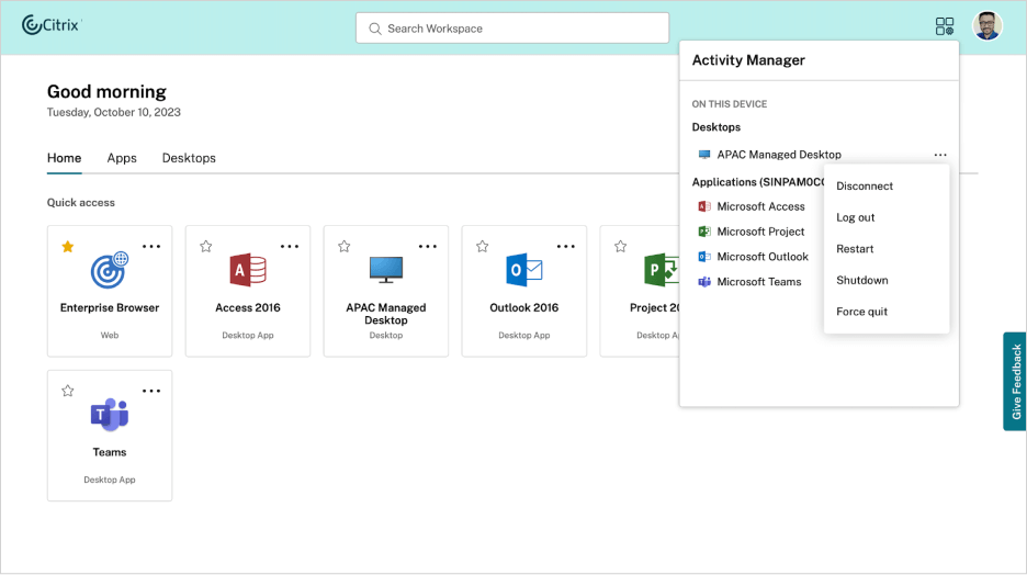 Citrix User Interface with Activity Manager Open dashboard